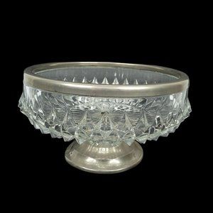 Vintage Cut Glass Footed Fruit Compote Bowl Silver Tone Rim Band Base MCM